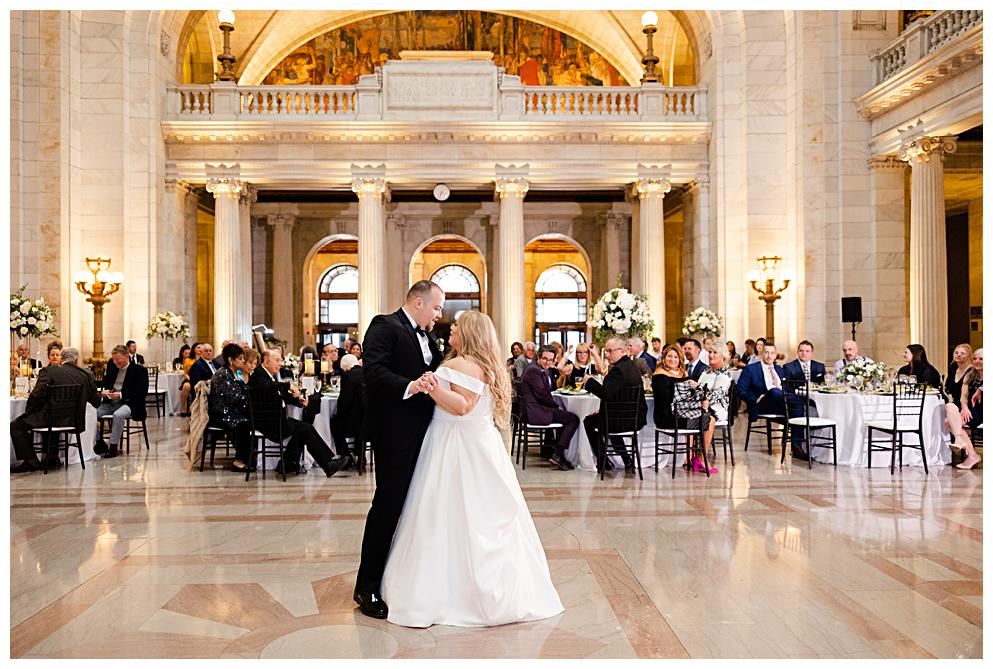 Couple dancing at The Cleveland Courthouse on their wedding day.