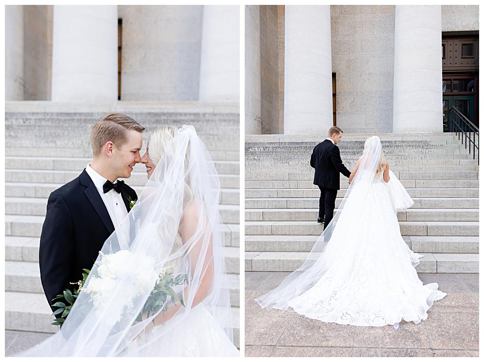 Ohio State House wedding with bride and groom posing.