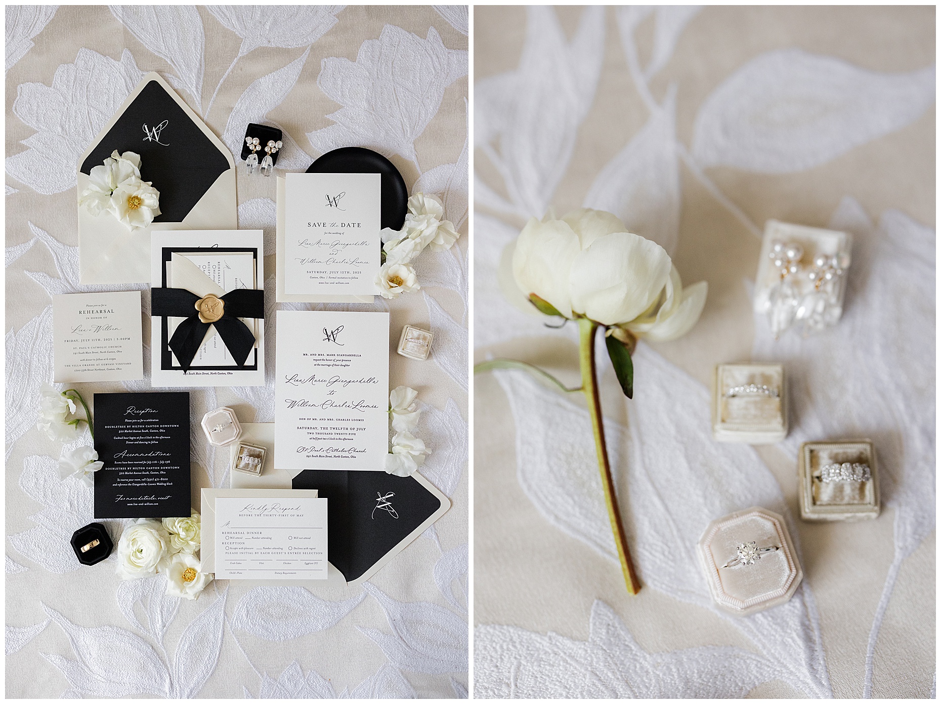 Wedding invitation styled on linen with rings.