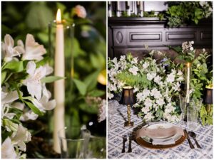 Candlelit tablescape from the Basil Place Black Room editorial featuring white florals, patterned linens, and dark wood tones for a sophisticated European-inspired atmosphere.