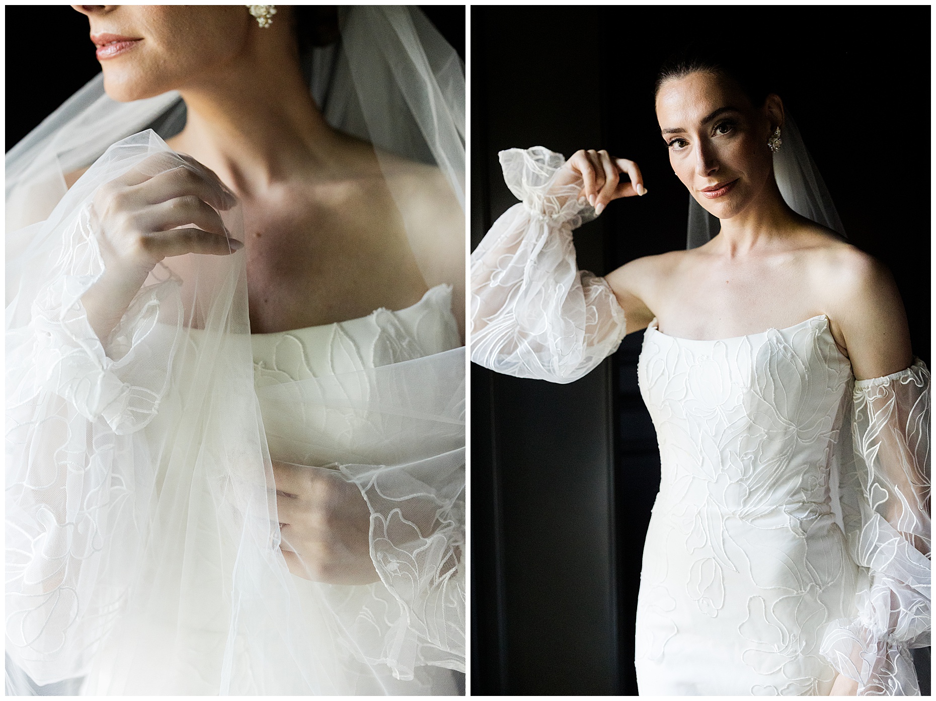 Bride in an off-the-shoulder gown adjusting her veil during the Basil Place Black Room editorial, captured with modern elegance and motion.