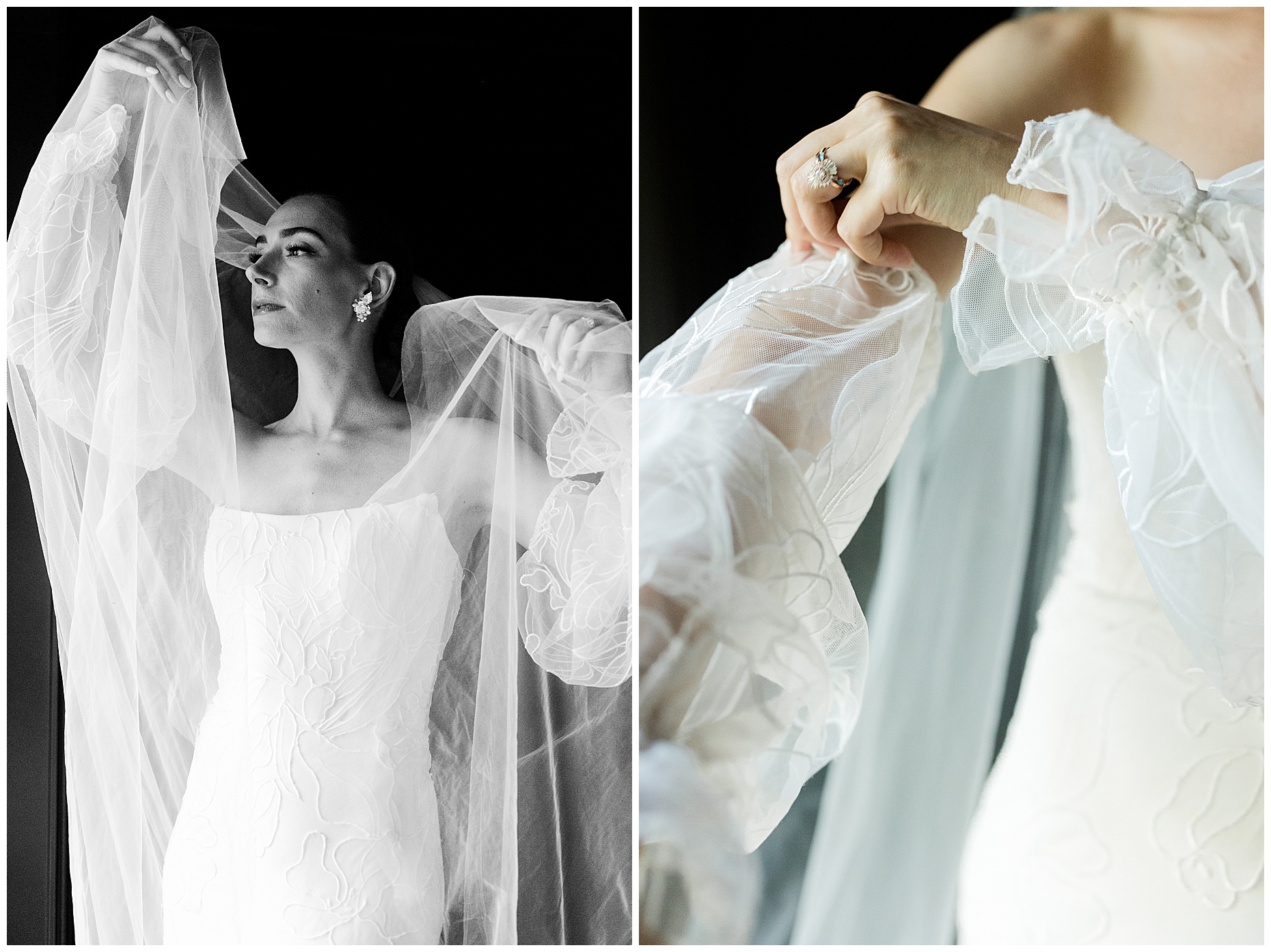 Bride in an off-the-shoulder gown with sheer sleeves during the Basil Place Black Room editorial, photographed in a modern fine-art style.
