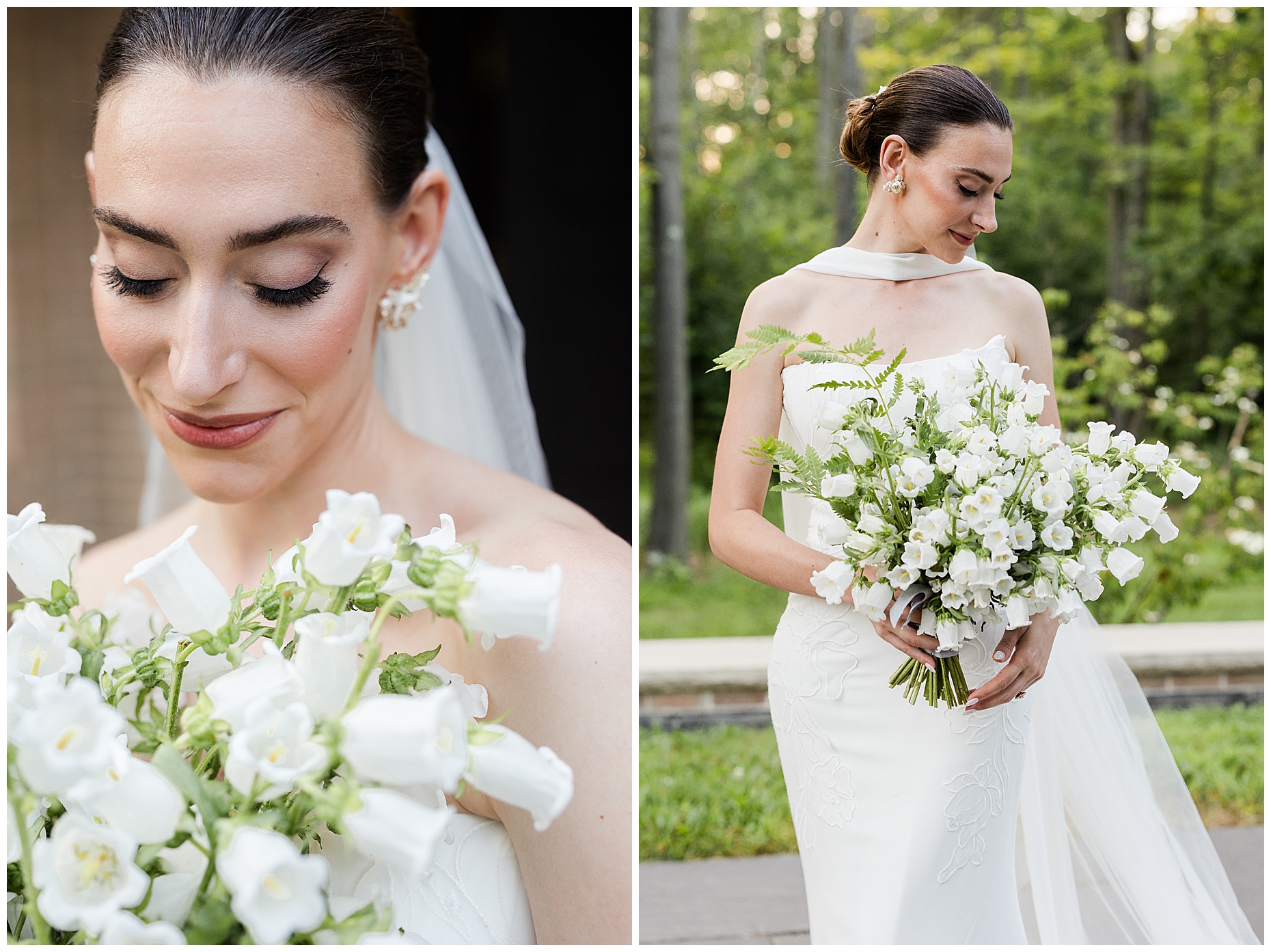 Bride holding a lush white bouquet during the Basil Place Black Room editorial, captured in soft natural light for a timeless, romantic look.